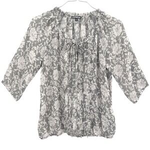 Express Womens Floral Lace Print Pintuck Tie Neck Peasant Boho Blouse M